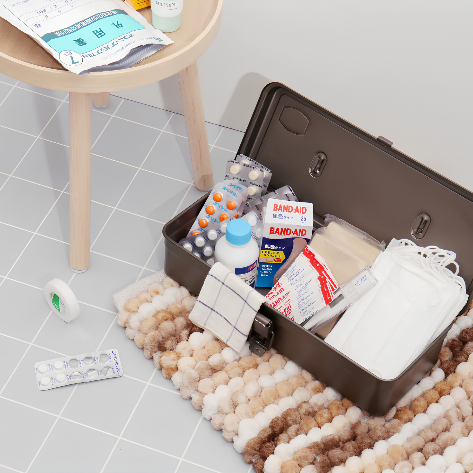 Showing medical essentials inside the Closed Toyo Toolbox Trunk Shape T-320 Titanium that is crafted from a single pressed steel, smooth and rounded design with matte texture that's gentle on hands.
