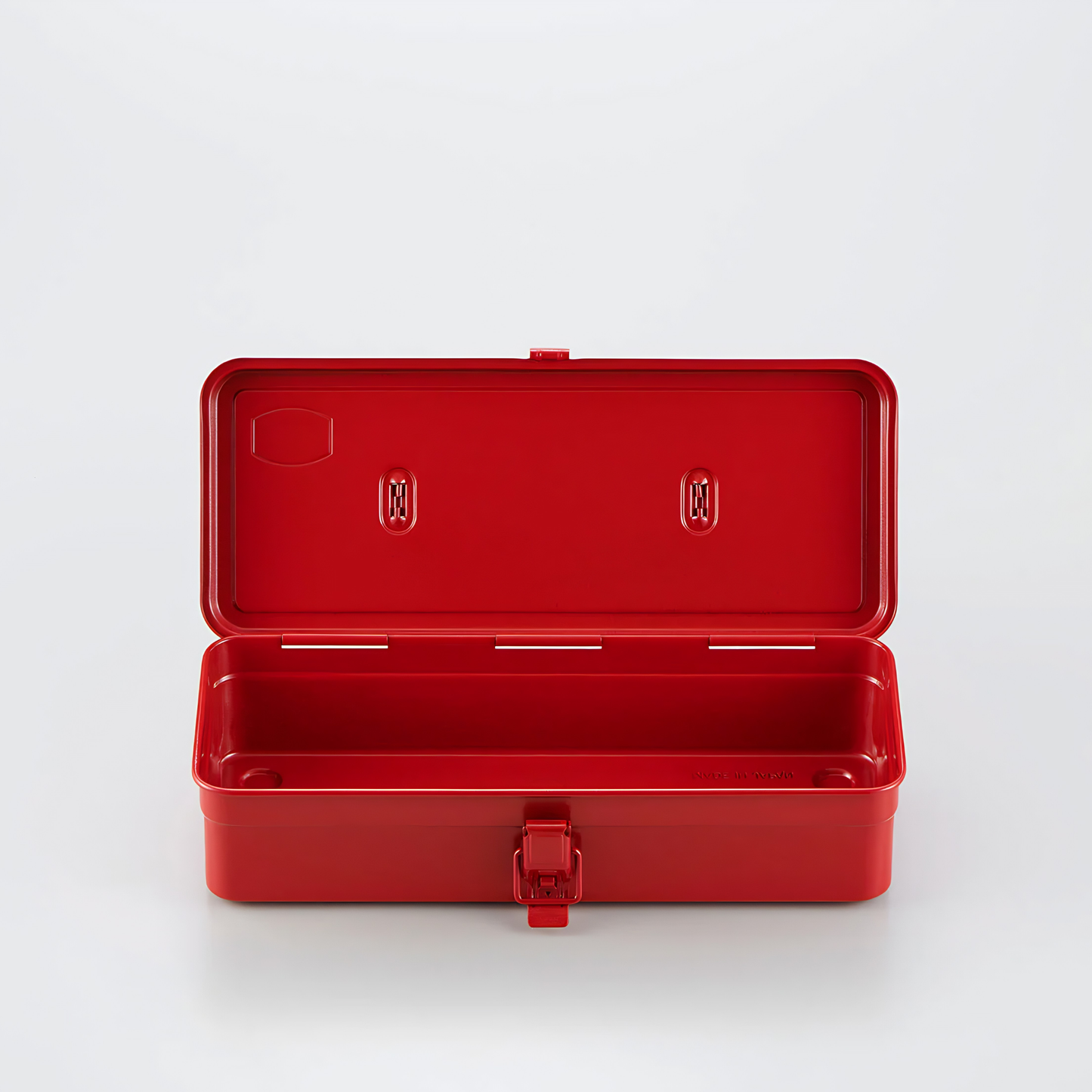 Red Toyo Toolbox Trunk Shape T-320, showing the inside, the toolbox is crafted from a single pressed steel, smooth and rounded design with matte texture that's gentle on hands.