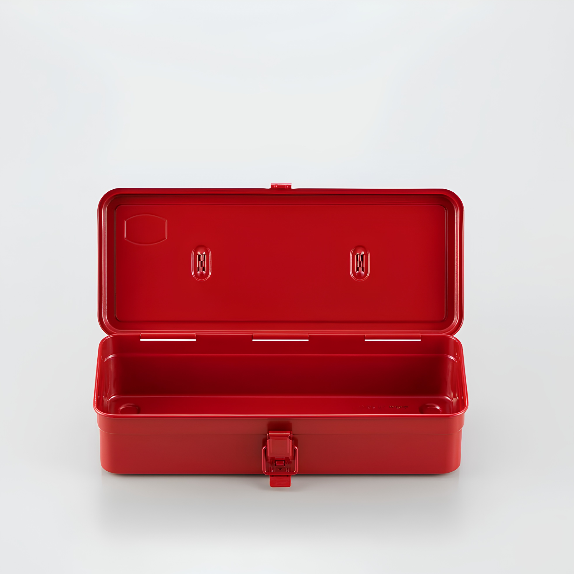 Red Toyo Toolbox Trunk Shape T-320, showing the inside, the toolbox is crafted from a single pressed steel, smooth and rounded design with matte texture that's gentle on hands.