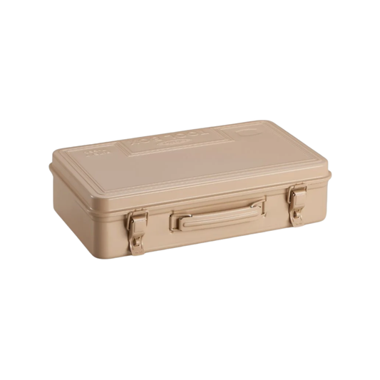Semi top view of the Toyo Toolbox Trunk Shape Toolbox T-360 Beige made from pressed steel plate, glossy with no sharp edges.