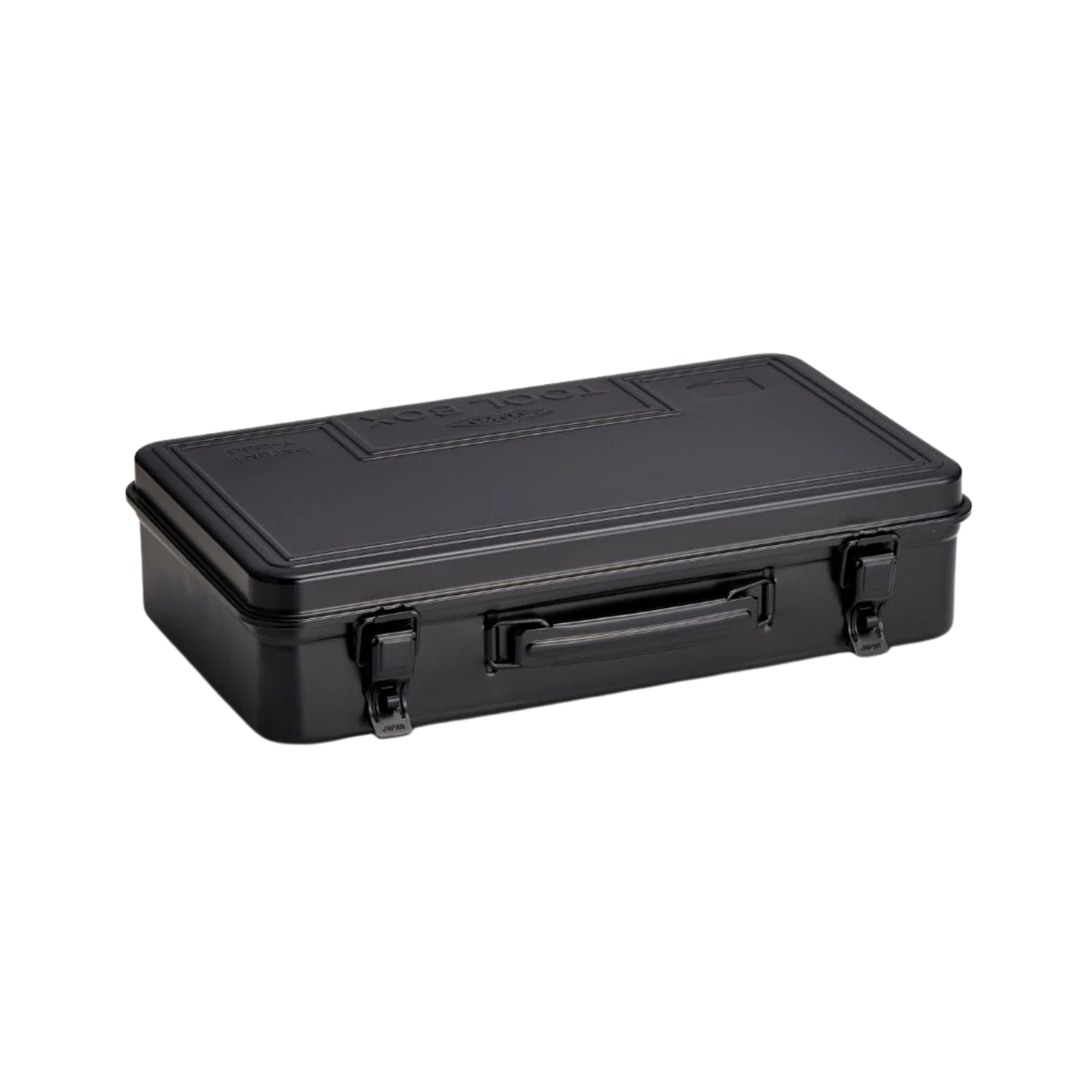 Semi top view of the Toyo Toolbox Trunk Shape Toolbox T-360 Black made from pressed steel plate, matte with no sharp edges.