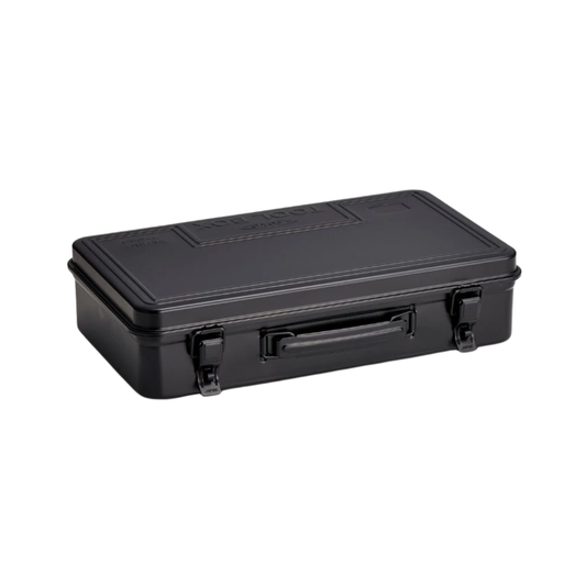Semi top view of the Toyo Toolbox Trunk Shape Toolbox T-360 Black made from pressed steel plate, matte with no sharp edges.