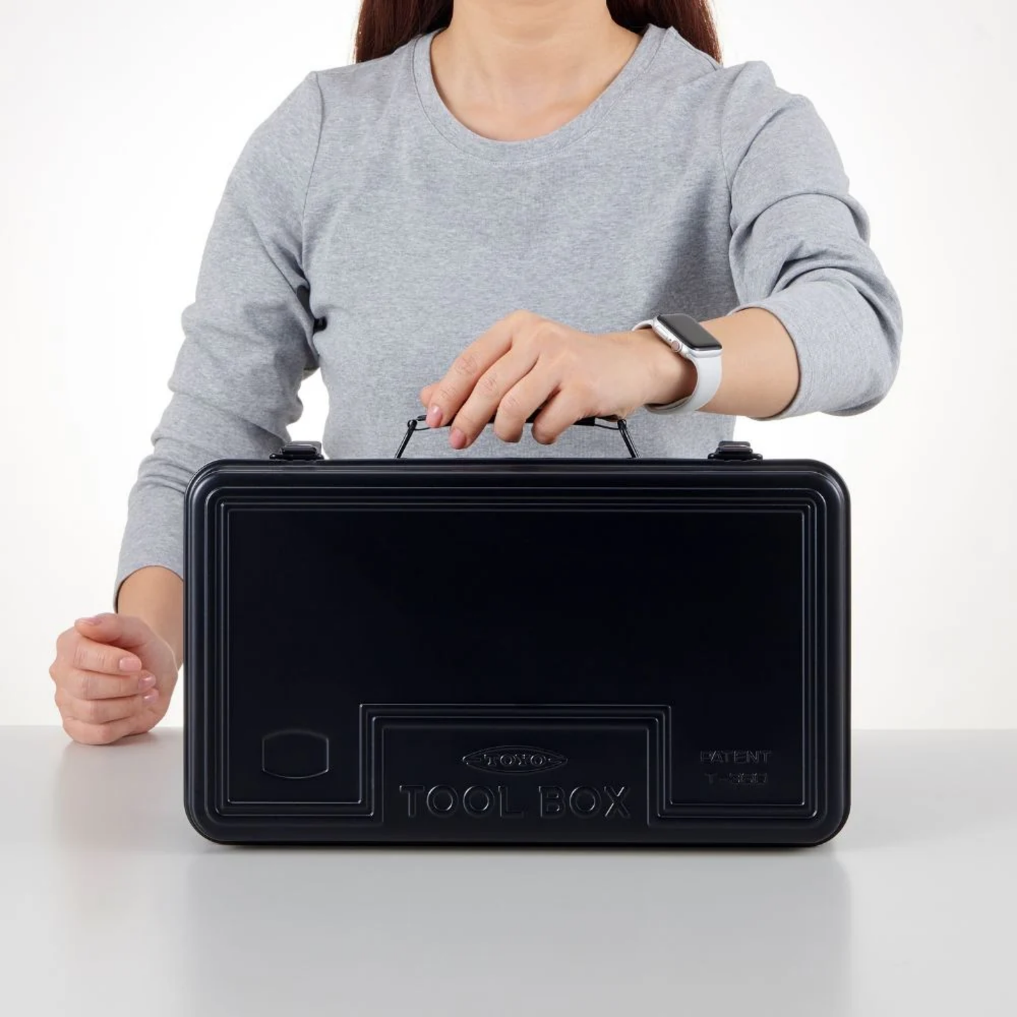Front view of the Toyo Toolbox Trunk Shape Toolbox T-360 Black made from pressed steel plate, matte with no sharp edges.