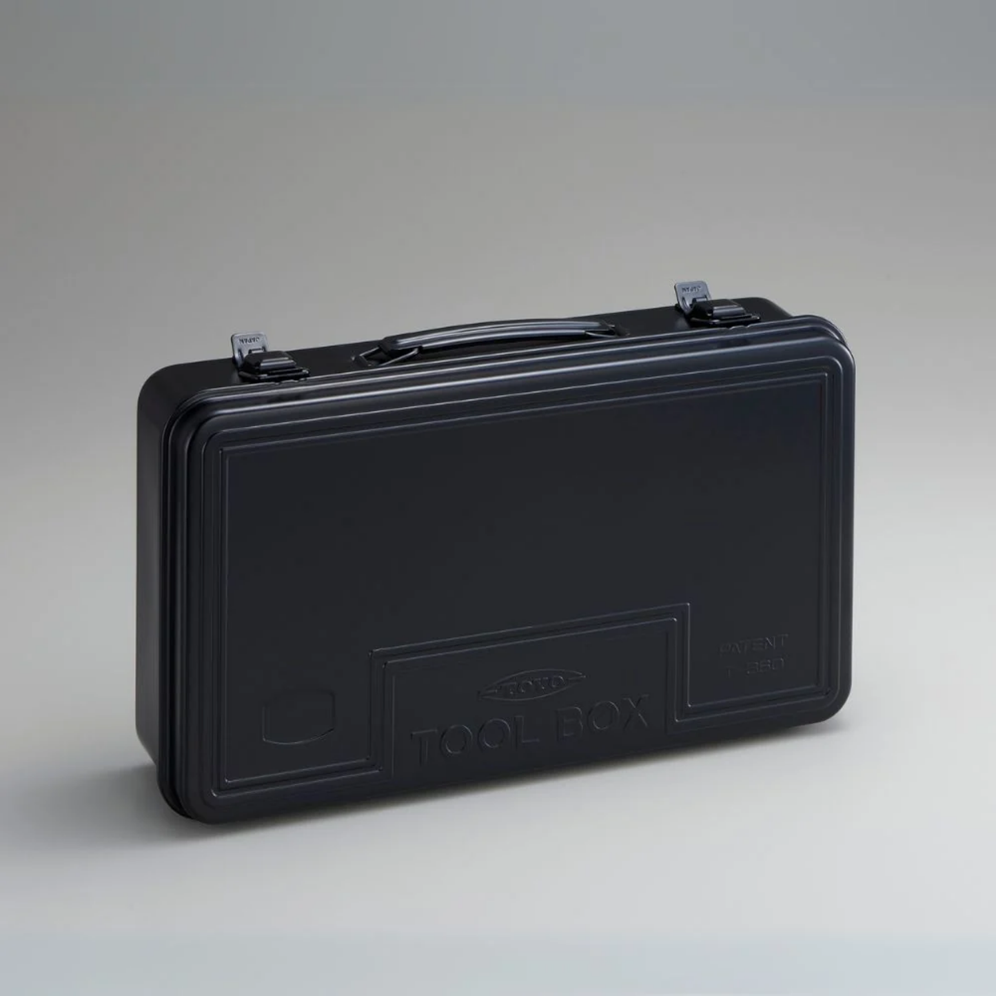 Front view of the Toyo Toolbox Trunk Shape Toolbox T-360 Black made from pressed steel plate, matte with no sharp edges.