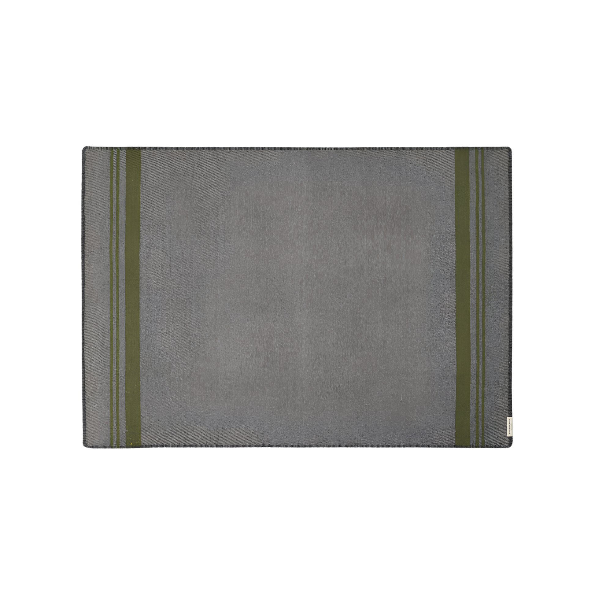 Front view of the Waverley Mills Field Blanket Charcoal from military origins, charcoal whip stitch fringe, and recycled wool in charcoal and grey with green stripe.