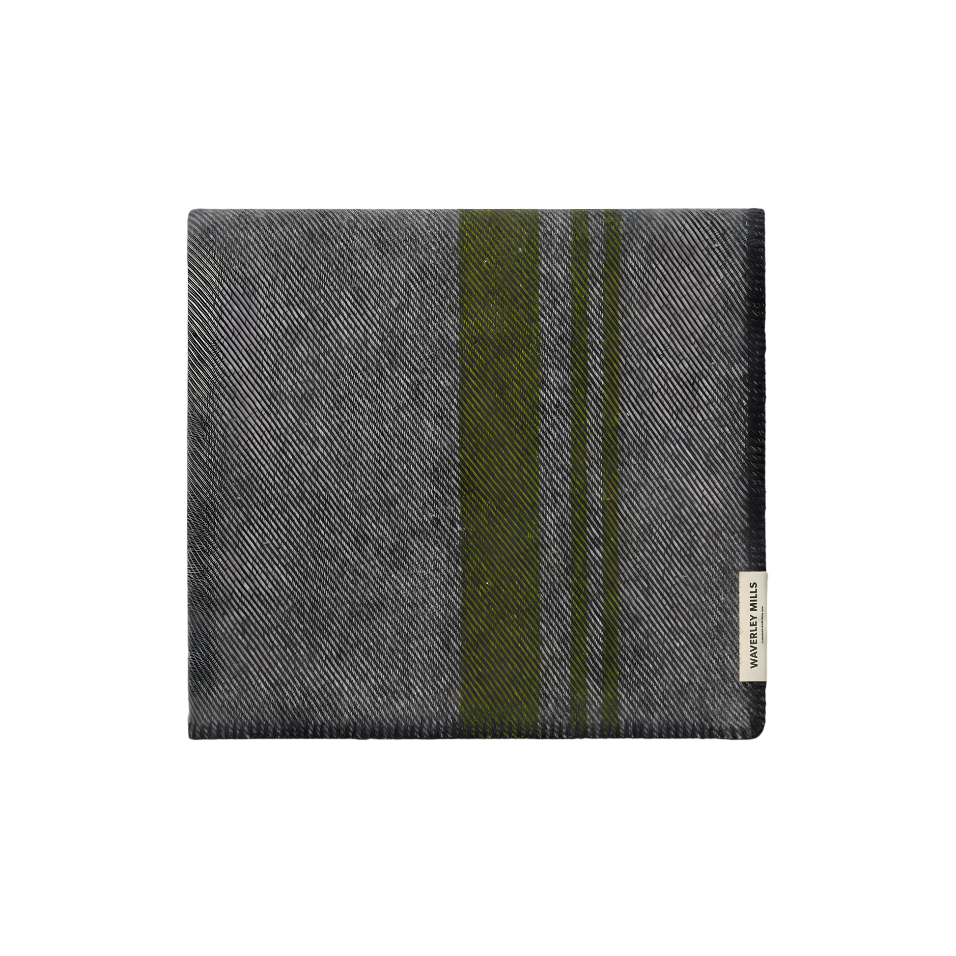 Folded Waverley Mills Field Blanket Charcoal from military origins, charcoal whip stitch fringe, and recycled wool in charcoal and grey with green stripe.