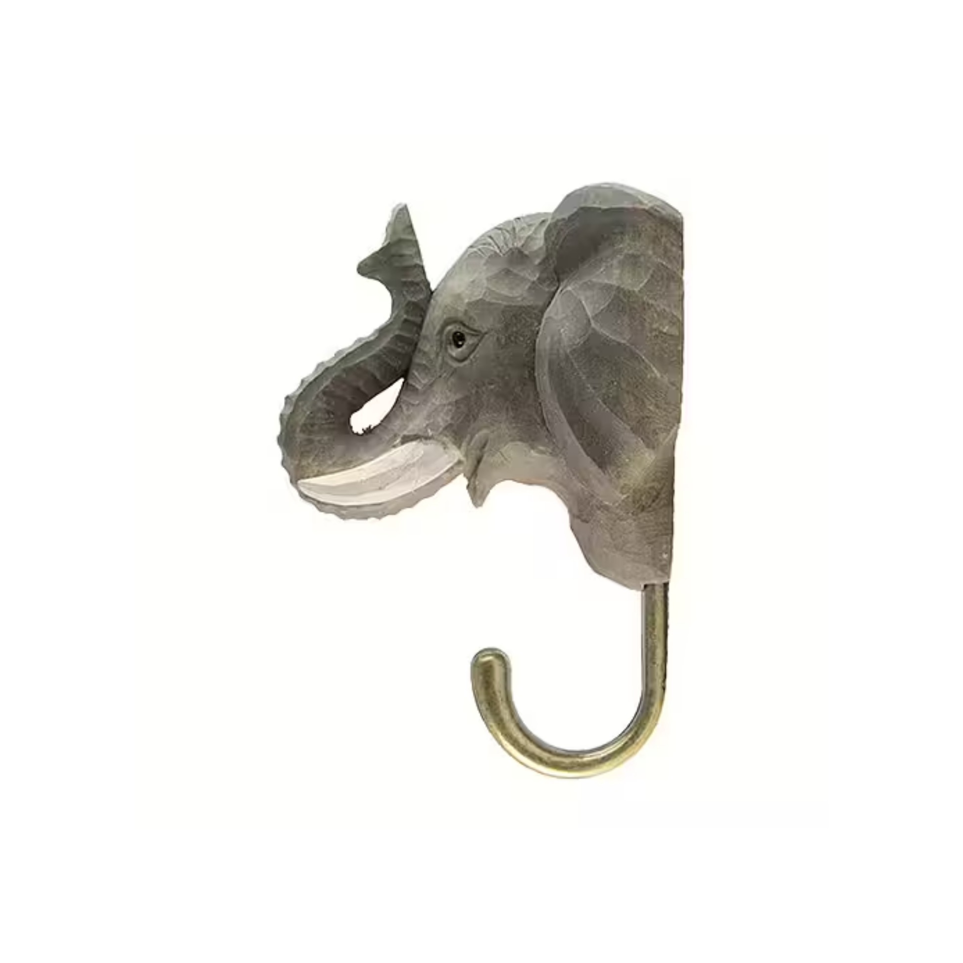 Side view of the Wildlife Garden Elephant Decorative Hook - brown hand-carved wood with water-based paint, featuring a lifelike elephant design; includes gift carton and animal fact booklet.
