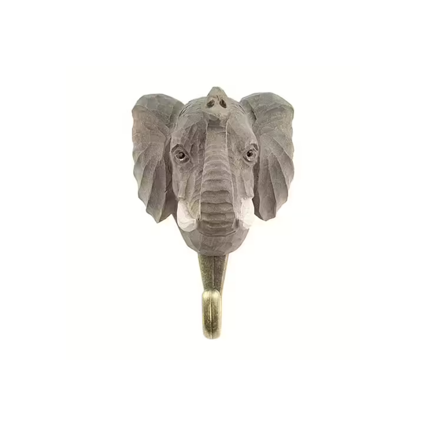 Front view of the Wildlife Garden Elephant Decorative Hook - brown hand-carved wood with water-based paint, featuring a lifelike elephant design; includes gift carton and animal fact booklet.