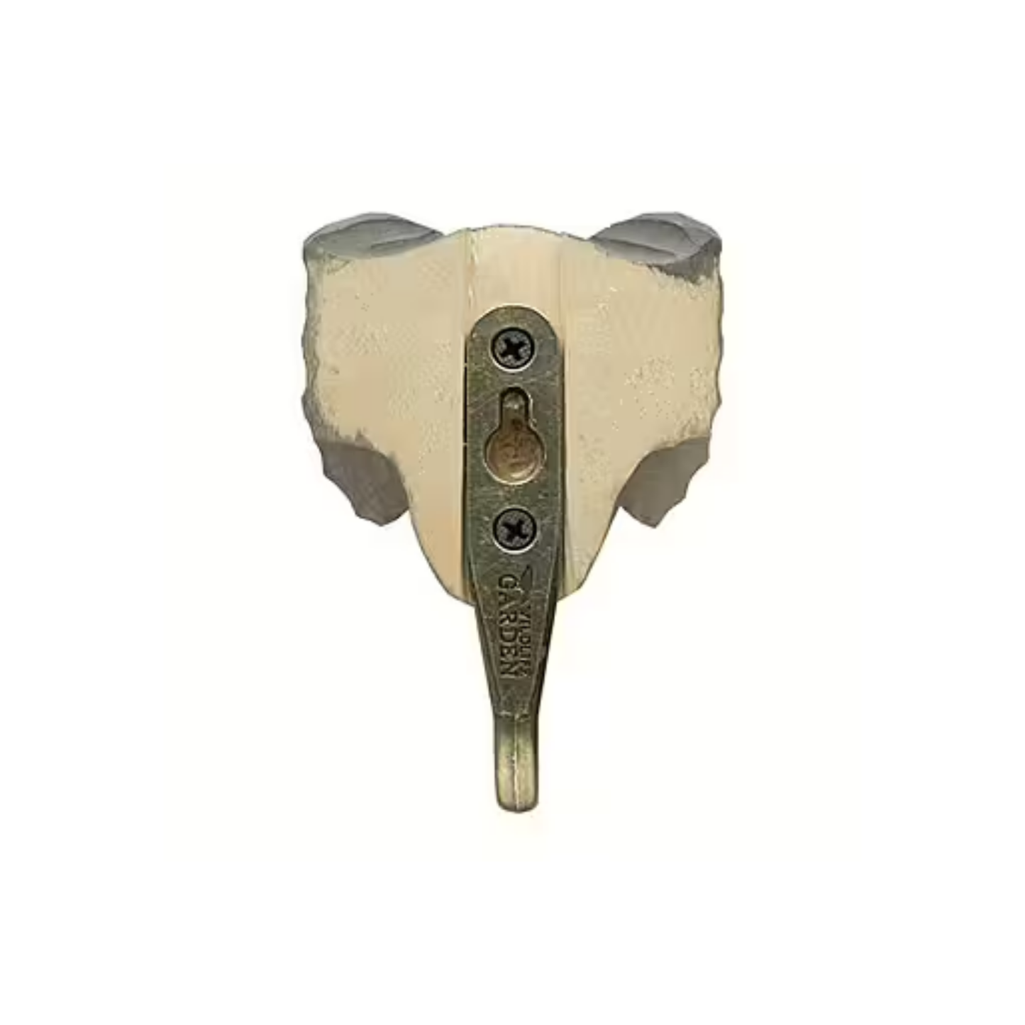 Back view of where the screw should be put in the Wildlife Garden Elephant Decorative Hook - brown hand-carved wood with water-based paint, featuring a lifelike elephant design; includes gift carton and animal fact booklet.