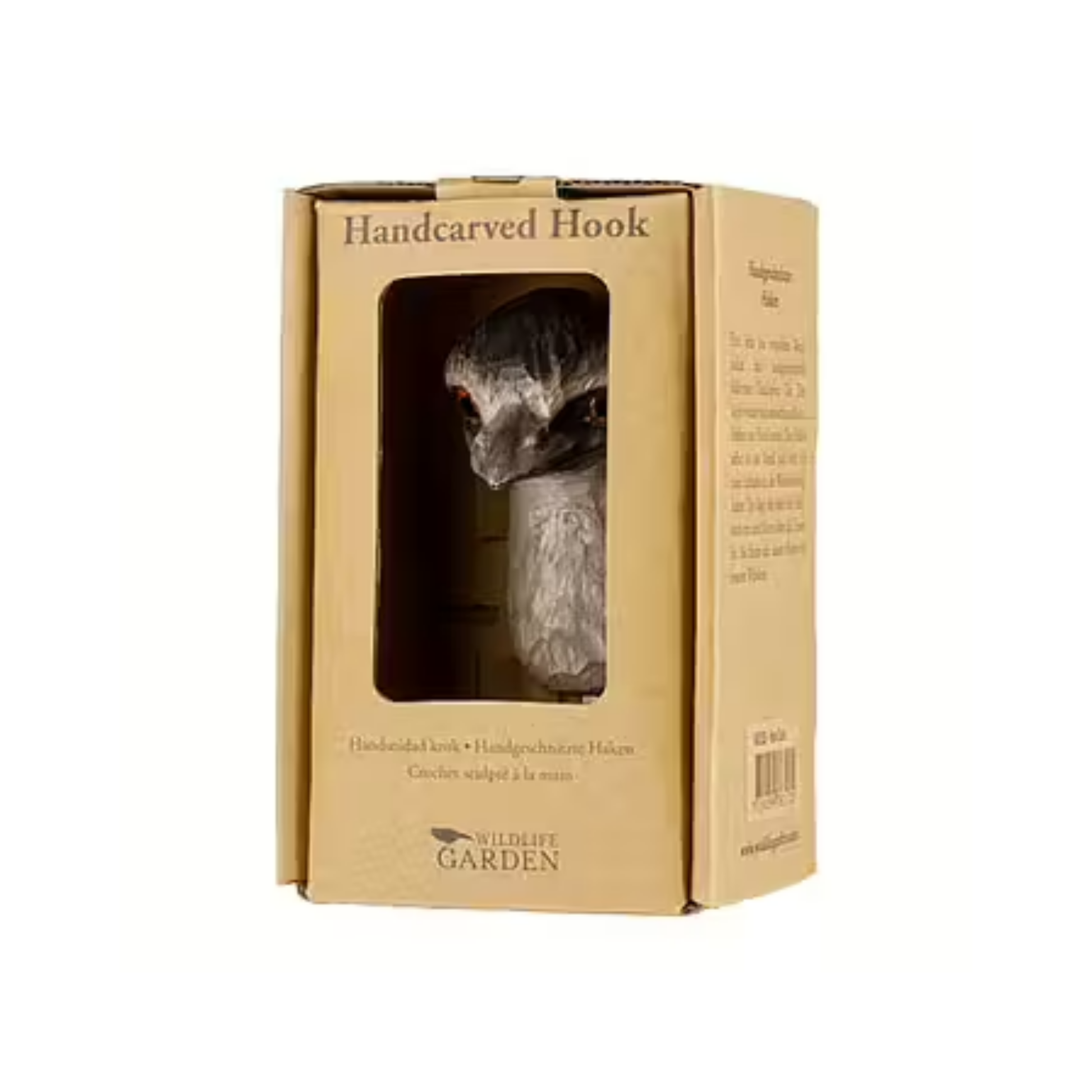 Packaging box with Wildlife Garden Emu Decorative Hook - hand-carved wood with water-based paint, featuring an ostrich-like emu design; includes gift carton and animal fact booklet.