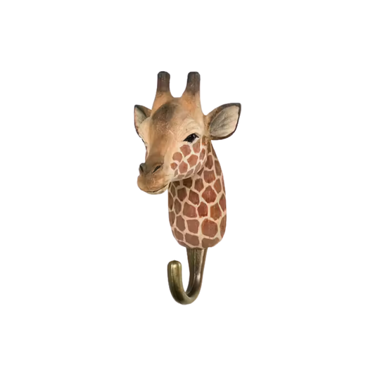 Wildlife Garden Giraffe Decorative Hook - yellow hand-carved wood with water-based paint, featuring a detailed giraffe design; includes gift carton and animal fact booklet.