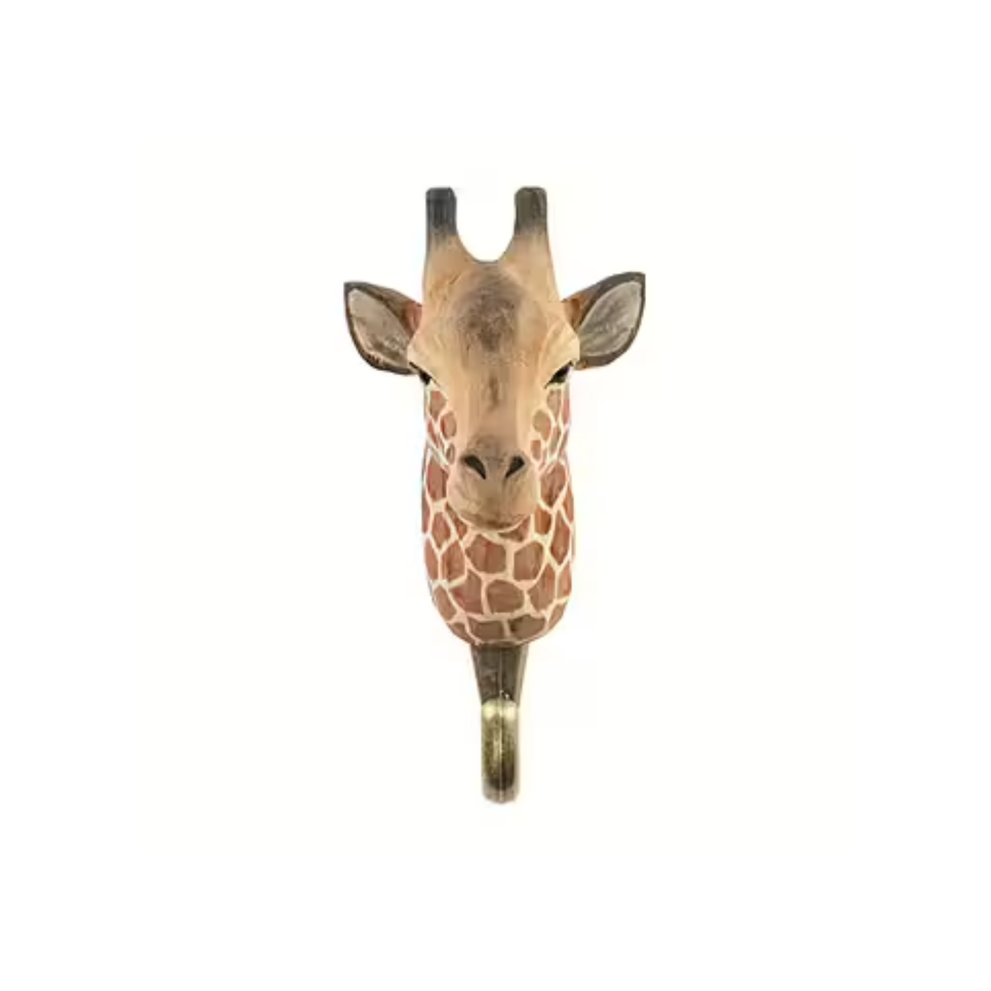 Front view of Wildlife Garden Giraffe Decorative Hook - yellow hand-carved wood with water-based paint, featuring a detailed giraffe design; includes gift carton and animal fact booklet.