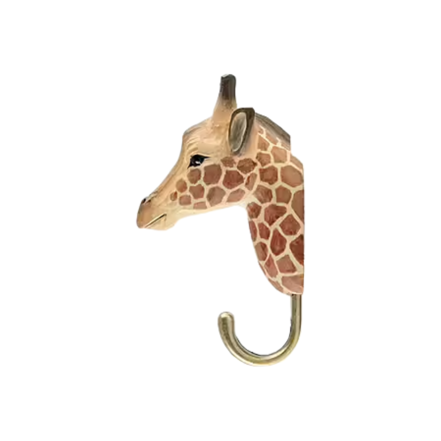 Side view of Wildlife Garden Giraffe Decorative Hook - yellow hand-carved wood with water-based paint, featuring a detailed giraffe design; includes gift carton and animal fact booklet.