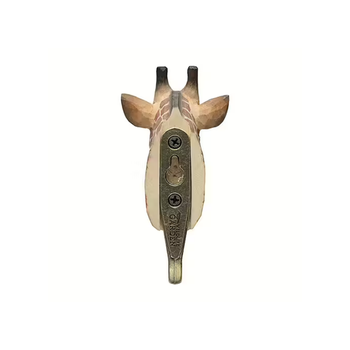 Screw space view at the back of Wildlife Garden Giraffe Decorative Hook - yellow hand-carved wood with water-based paint, featuring a detailed giraffe design; includes gift carton and animal fact booklet.