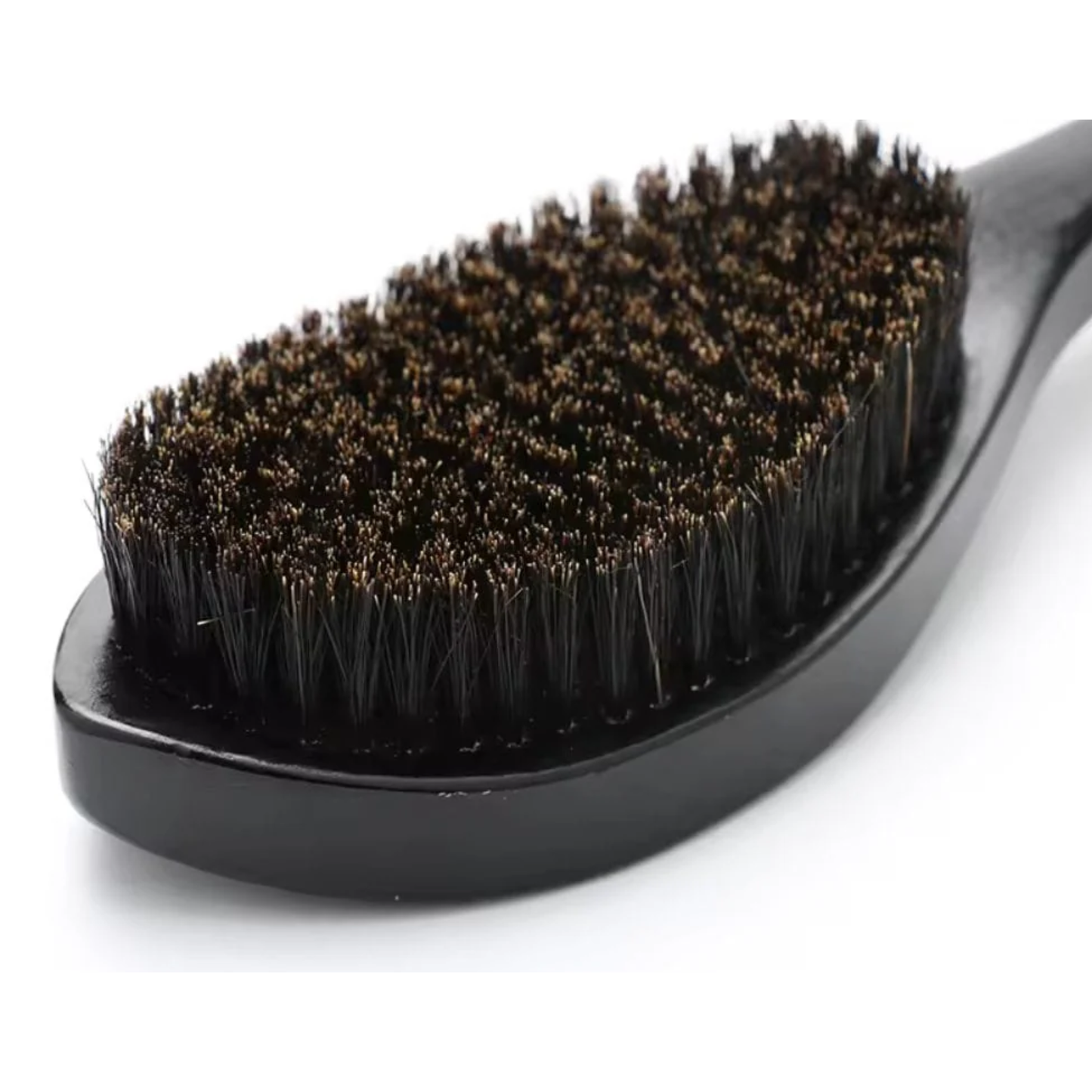 Upclose view of the brush from Yaqi Beard Brush Black - Premium beech wood beard brush with natural black boar bristles for smooth, tangle-free grooming - Durable wooden handle for easy control and daily beard care styling