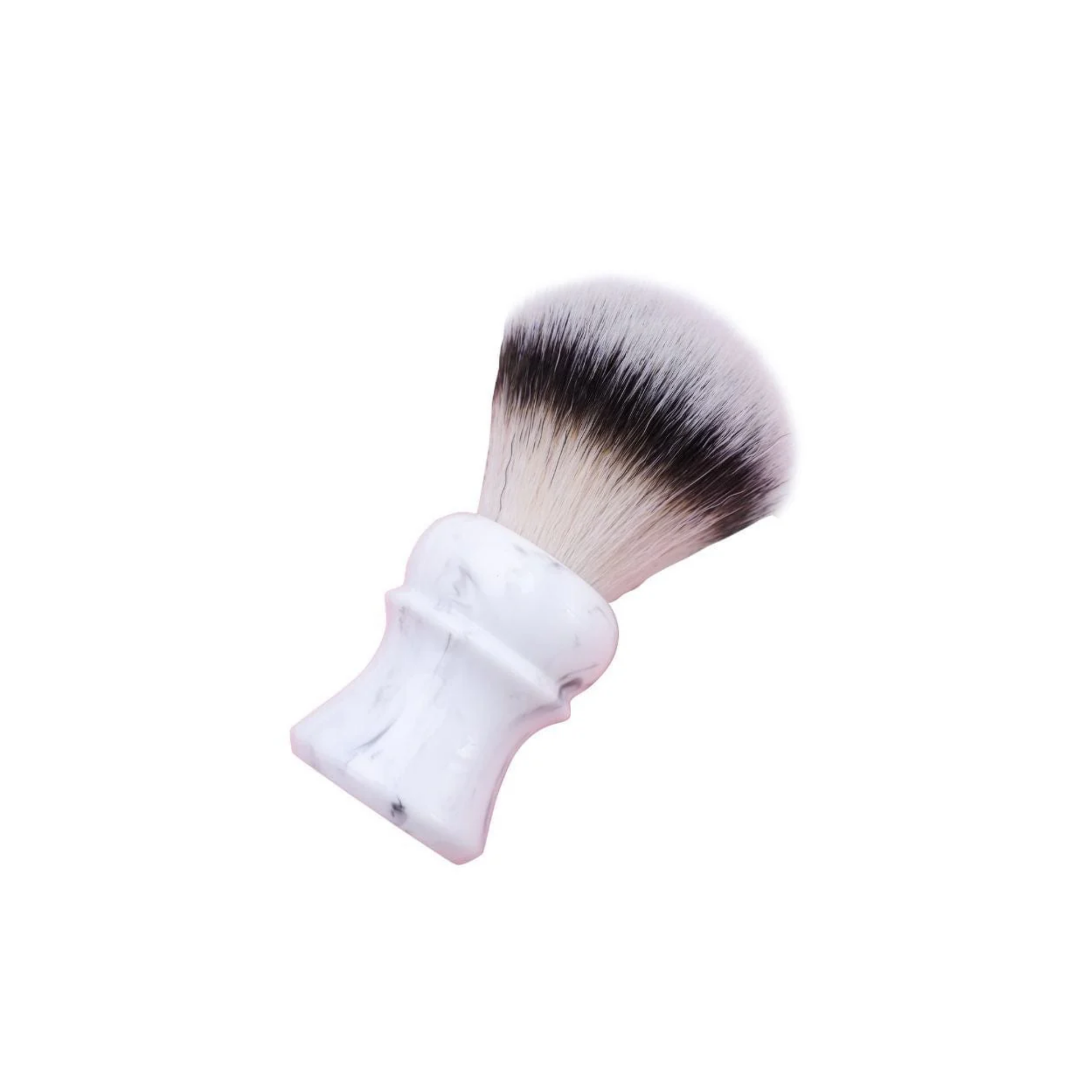 Showing a tilted view Yaqi White Marble Synthetic Shaving Brush - 24mm nylon bristles, 52mm loft, marble resin handle, quick-drying, dense brush for smooth wet shaving.